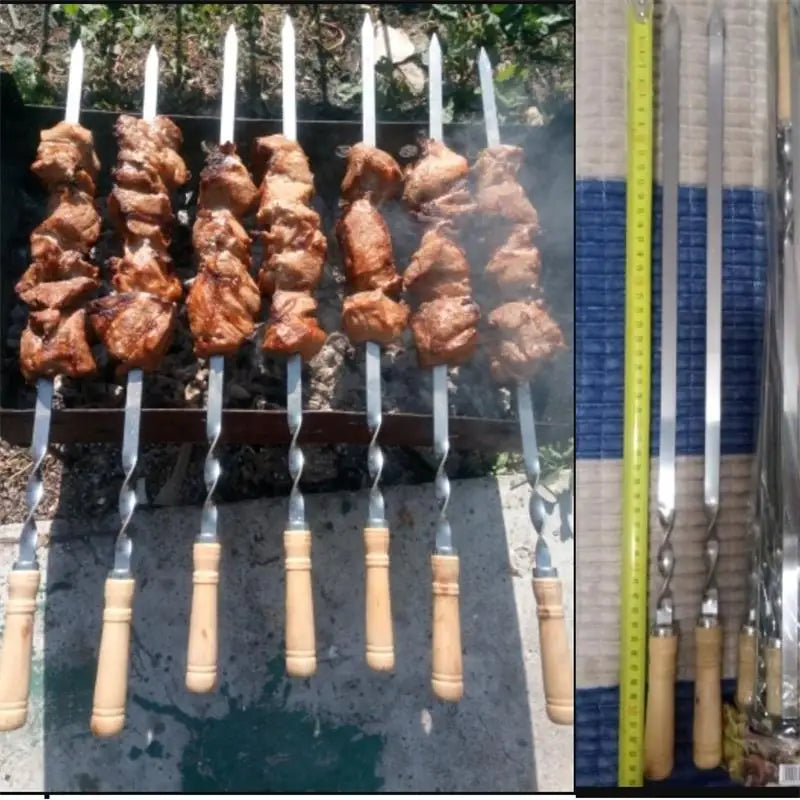 55cm Wood BBQ Fork BBQ Skewers Long Handle Kebab Barbecue Grill Sticks Reusable Stainless steel Outdoor Camping Grill Needle