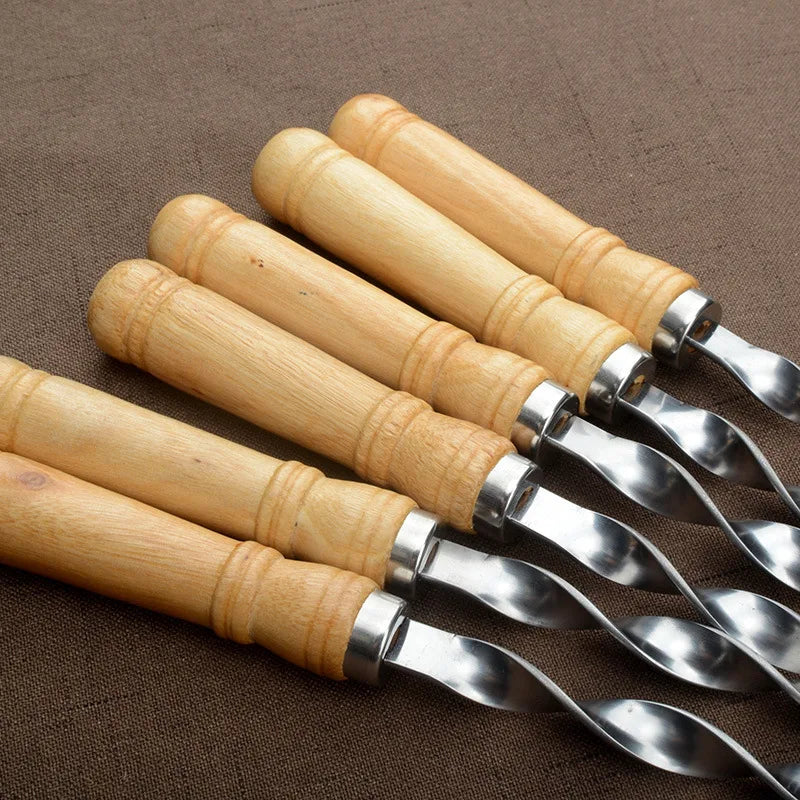 55cm Wood BBQ Fork BBQ Skewers Long Handle Kebab Barbecue Grill Sticks Reusable Stainless steel Outdoor Camping Grill Needle
